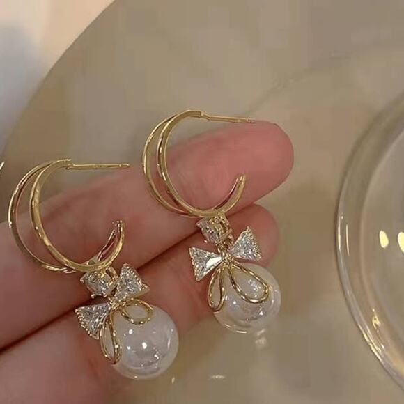 Faux Pearl Bow Knot Earrings Drop Dangle Cubic Zirconia Statement - Picture 1 of 7
